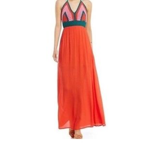 Coral Crochet Halter Maxi Dress